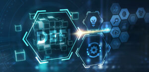 Blue and Teal graphic illustration of hexagon labeled 'Defi'